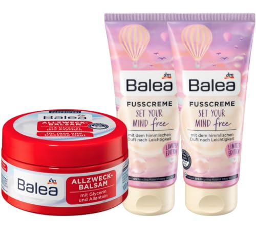 Balea 3er-Set: ALLZWECKBALSAM parfümfrei für raue trockene Haut mit Glycerin & Allantoin (100 ml) + HANDCREME Set your mind free (100 ml) + FUßCREME für beanspruchte Füße (100 ml), 300 ml