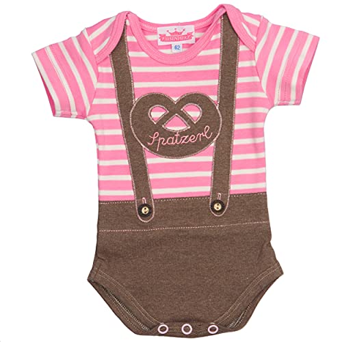 P.Eisenherz Babybody Lederhose Spatzerl, Rosa Kurzarmbody für Mädchen, gestreift mit Hosenträgern und Breze, EIN originelles Geschenk zur Geburt