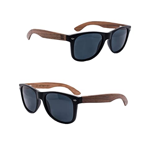 Holzwurm Sonnenbrille mit Holzbügeln aus Walnuss für Damen & Herren / Polarisierende Brillengläser mit UV400-Schutz / mit Brillenetui aus echtem Bambus