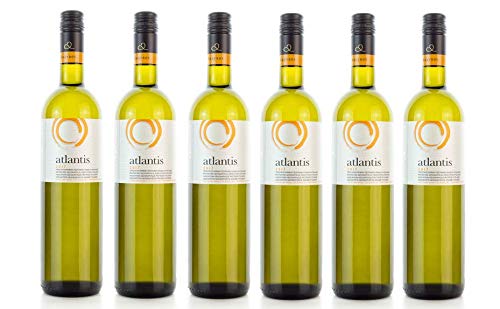 6x 750ml Atlantis Weißwein trocken knackig frisch Santorini Argyros griechischer Weiß Wein Set + 2x 10ml Olivenöl von Kreta zum Test