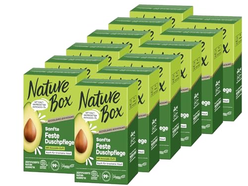 Nature Box Sanfte Feste Duschpflege mit Avocado-Duft (12x 100 g), pflegende Duschseife mit kaltgepresstem Avocado-Öl, extra schäumendes festes Duschgel, recycelbare Verpackung