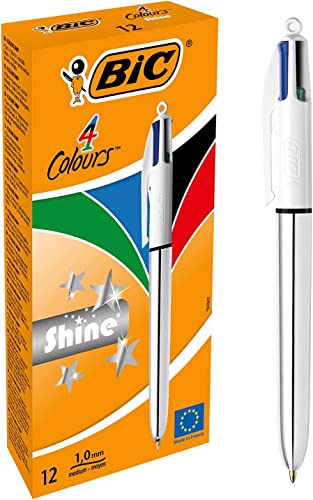 BIC 982873 Kugelschreiber 4 Colours Shine, in Silber, 12er Pack, Ideal für das Büro, das Home Office oder die Schule
