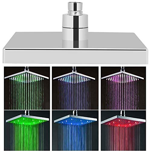 LED Duschkopf, 8 Zoll Edelstahl Regendusche Duschbrause Wasser Flow Ultradünn Quadratische Überkopfbrause Kopfbrause für Badezimmer, 7 Farbwechsel Licht