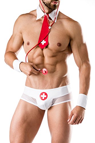 Herren sexy weißes Arzt-Kostüm mit Shorts Stethoskop Kragen Manschetten und Krawatte Roleplay Verkleidung