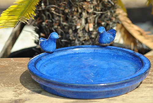 Vogeltränke mit zwei kleinen Vögelchen,rund,blau glasiert,30cm