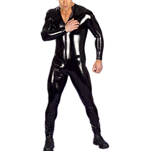 TiaoBug Herren Catsuit Lackoptik Lack-Look Gothic Fetisch Overall Männer Bodysuit Ganzkörperanzug Schwarz XL