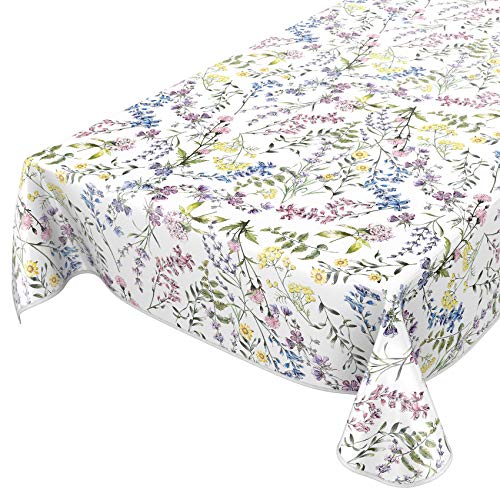 ANRO Wachstuch Tischdecke abwaschbar Wachstuchtischdecke Wachstischdecke Blumenmotiv Weiß 200x140cm mit Saum - Eingefasst