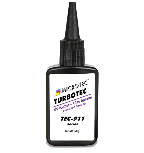 Microtec® Turbotec 911 dünnflüssiger UV-Kleber | Ausbesserung von Rissen und Sprüngen | für Glas/Metall/Kunststoff | 50g | ohne UV-Taschenlampe | lichthärtender und transparenter Klebstoff