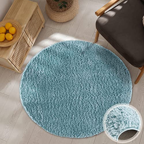 carpet city Teppich Wohnzimmer - Shaggy Hochflor Blau - 120x120 cm Rund Einfarbig - Moderne Teppiche
