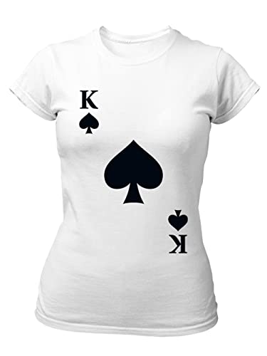 clothinx Damen Slim T-Shirt Pik König Karneval, Fasching Spielkarten Kostüm Weiß Größe M