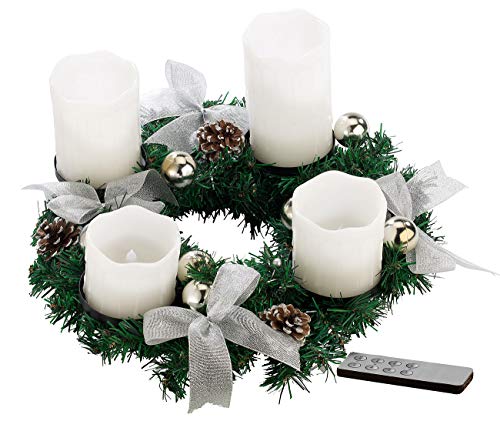 Britesta Adventsgesteck: Adventskranz mit weißen LED-Kerzen, silbern geschmückt (Weihnachtskranz mit Kerzen, Tannenkränze LED-Kerzen, Kabellose Weihnachtskerzen)