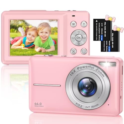 Digitalkamera, HD 1080P 44MP Fotokamera Kompaktkamera, Mini Digitalkameras, Wiederaufladbare Digital Kamera mit 16X Digitalzoom für Kinder, Erwachsene, Mädchen, Jungen, Anfänger(Rosa)