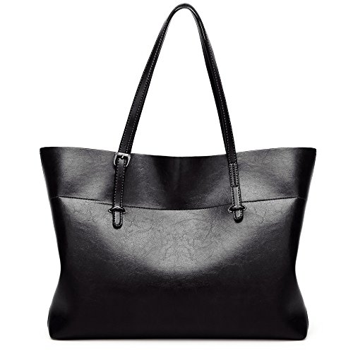 PB-SOAR Damen Retro Elegant Shopper Schultertasche Ledertasche Henkeltasche Beuteltasche Handtasche aus Kunstleder 37 x 30 x 12cm (B x H x T) (Schwarz)
