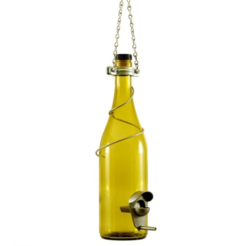 Lckiioy 1 x Weinflaschen-Vogelfutterspender, Gartendekoration für draußen, Vogeldekoration, hängende Vogelfutterstation, Gelb