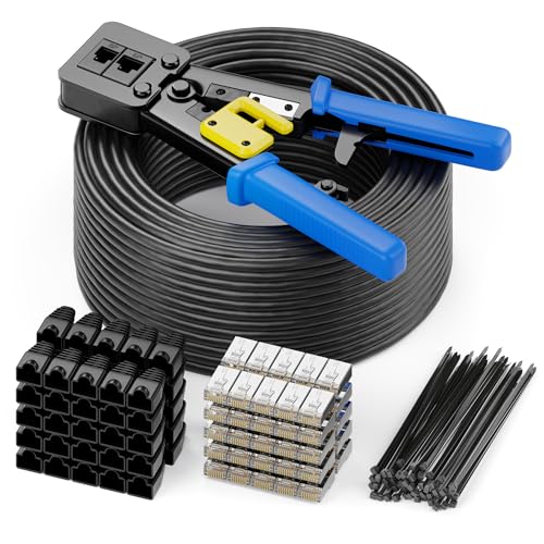 deleyCON 100m CAT7 Outdoor Patchkabel Installationsset inkl. Crimpzange Kabelbinder & 50 RJ45 Stecker - S/FTP 600 MHz 10 Gbit/s AWG 26 CU Kupfer - UV Resistent Witterungsbeständig - Schwarz