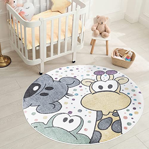 carpet city Teppich Kinderzimmer Cartoon - Mehrfarbig - 160 cm Rund - Kinderteppich Kurzflor mit lustigen Tieren, Bunte Punkte - Weicher Flor