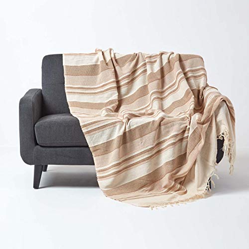 Homescapes Tagesdecke Morocco, beige, Sofa-Überwurf aus 100% Baumwolle, weiche Wohndecke 150 x 200 cm, Hellbraun gestreift, mit Fransen