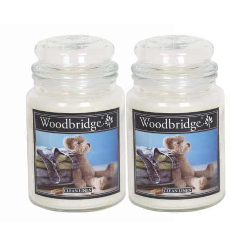 Woodbridge Duftkerze im Glas mit Deckel | 2er Set Clean Linen | Duftkerze Frische Wäsche | Kerzen Lange Brenndauer (130h) | Duftkerze groß | Kerzen Weiß (565g)