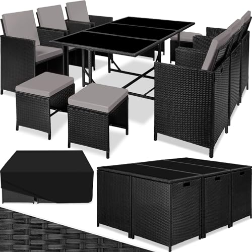 TecTake 800821 Poly Rattan Sitzgruppe | 6 Stühle 4 Hocker 1 Tisch + Schutzhülle & Edelstahlschrauben - Diverse Farben - (Schwarz-Grau | Nr. 404319)