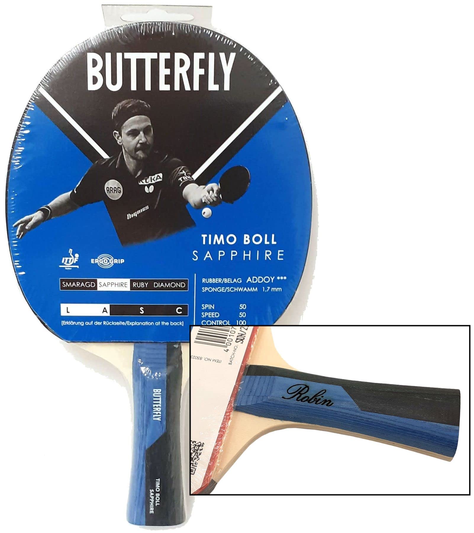 Timo Boll Sapphire Tischtennis Schläger von Butterfly mit individueller Gravur, die Geschenk Idee für Tischtennisspieler