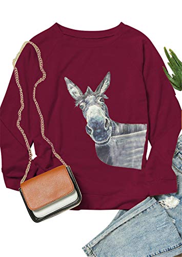 Damen-Sweatshirt mit niedlichem Esel-Motiv, Rundhalsausschnitt, locker Gr. XL, Weinrot