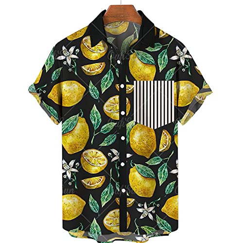 SNPP Herren Hawaii Hemd,Hawaiian Strandhemd Für Herren, Zitrone Auf Schwarzem   Druckhemd, Einfaches Lockeres Kurzarmhemd Für Urlaub Am Meer Und Den Alltag,M