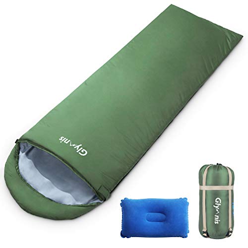 Glymnis Schlafsack Deckenschlafsack Ultraleicht klein warm Sommerschlafsack 210x75 cm für Outdoor Camping Kapuze Wandern mit aufblasbarem Kopfkissen und Kompressionsbeutel (Grün)
