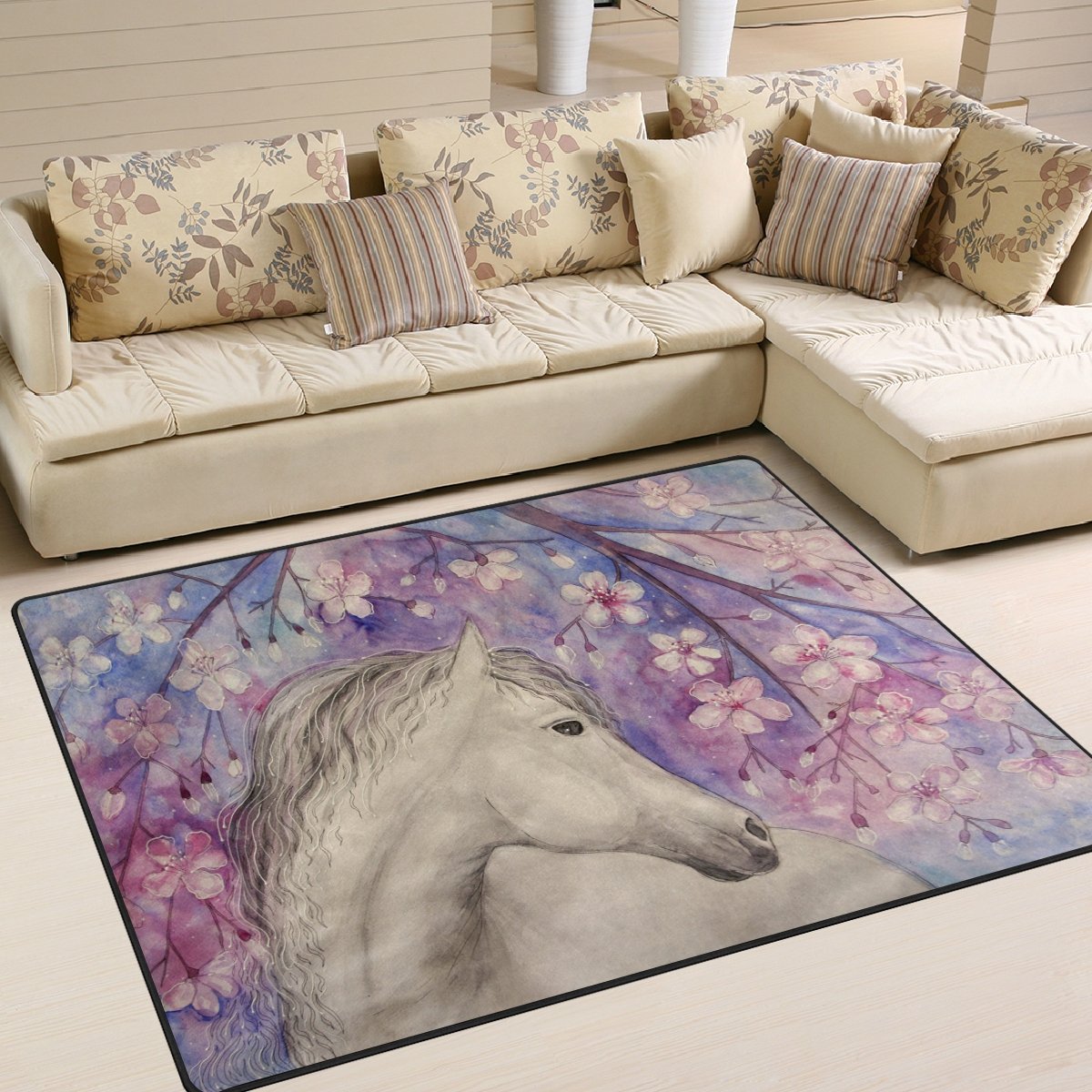 Use7 Ölgemälde Pferdekirschblüten-Teppich für Wohnzimmer und Schlafzimmer, 203 x 147,3 cm