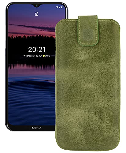 Suncase ECHT Ledertasche Leder Etui *Slim-Edition* kompatibel mit Nokia G20 Hülle (mit Rückzugsfunktion und Magnetverschluss) in antik-Kiwi grün