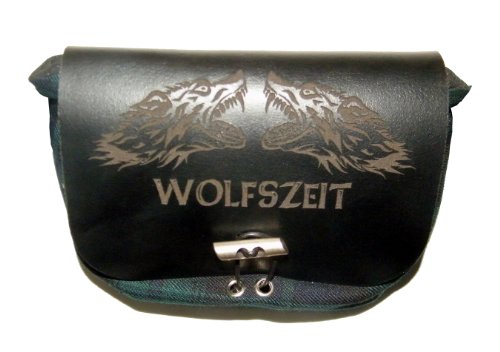 Grüne Kilttasche/Gürteltasche Wolfszeit mit schwarzem Leder und Gravur