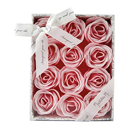 Mathilde m Box mit 12 Rosen in Einweg-Seifenblättern, duftend, rosa.
