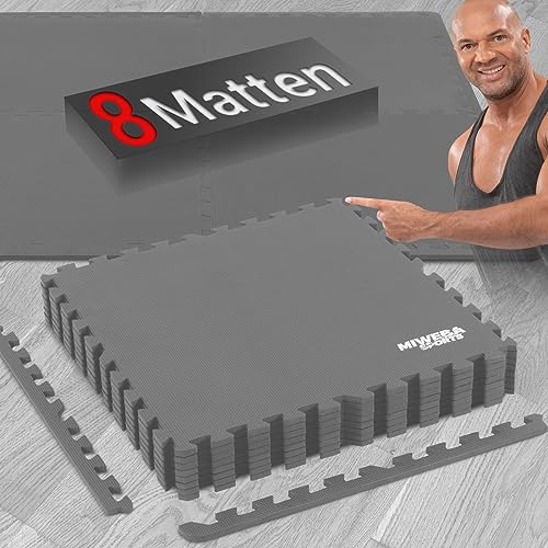 Miweba Sports Bodenschutzmatte BS-100 - Sportmatte - Set 8-teilig - 62x62cm - Schutzmatte - Gymnastikmatte - Fitnessmatte - Trainingsmatte - Bodenmatte - Turnmatte - Puzzlematte (Grau)