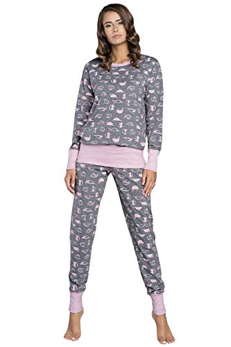 Damen Schlafanzug lang Pyjama Set | Nachtwäsche Hausanzug Langearm Rund Ausschnitt Zweiteiliger Sleepwear M007 (XL, Mehrfarbig Rosa)
