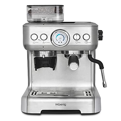 H.Koenig Espressomaschine mit Mahlwerk EXPRO980, 2,7 l, 250 g, Körnungsbehälter, 15 Mahlgrößen, italienische Pumpe, individuell anpassbare Dosierung für 1 oder 2 Tassen, Thermoblock, Druck 20 bar