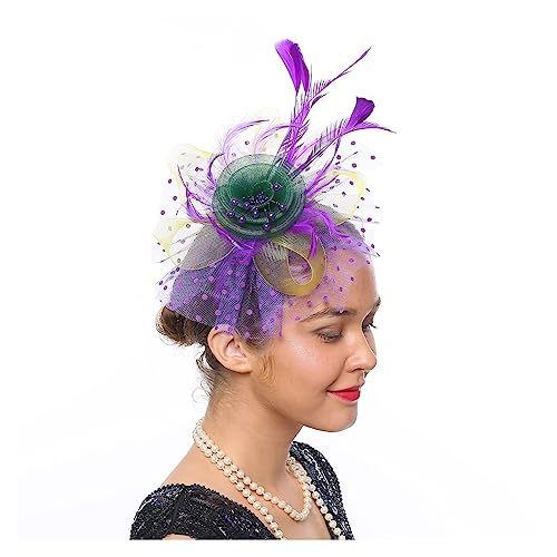 Vintage Damen Feder-Blumen-Fascinator-Hut, Damen-Haarschmuck, Hochzeit, Party, florales Mesh-Schleier-Stirnband, Haarnadel (Color : Purple and colorful, Size : 1)