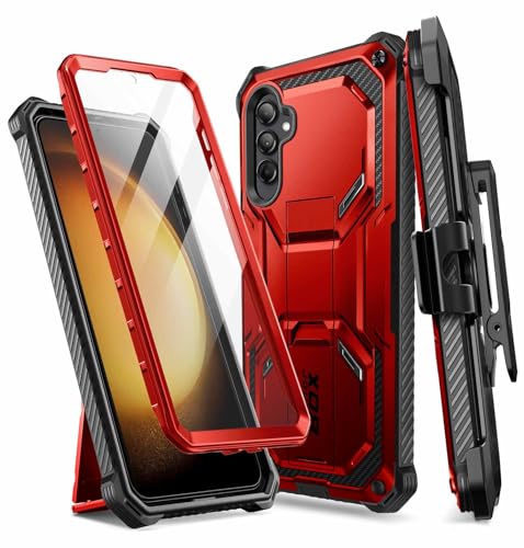 i-Blason Armorbox Hülle für Samsung Galaxy S23 FE (2023) Outdoor Handyhülle Bumper Case 360 Grad Schutzhülle mit integriertem Displayschutz, Ständer und Gürtelclip (Rot)