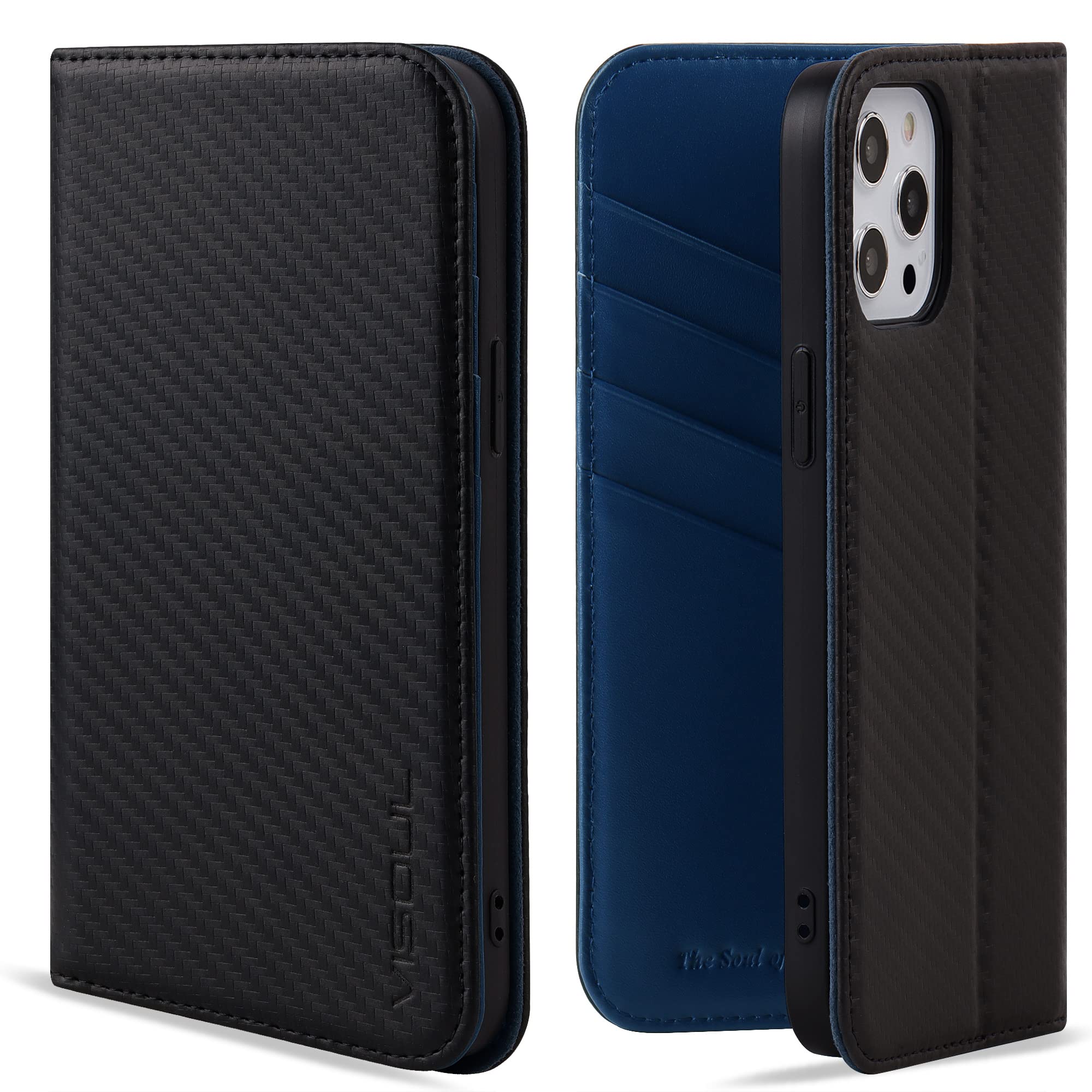 VISOUL iPhone 12 Pro Max Hülle,Handyhülle [Carbon Leder] [RFID Schutz] [Schützt vor Stoß] [Standfunktion] [Kartenfach] [Magnet] TPU Handytasche für iPhone 12 Pro Max Blau-T