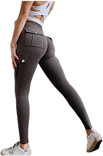 MUGUOY Women's Pocket Sexy Stretch Leggings Fitness Track Pants, Butt Lifting Capri Leggings for Workout, Yoga, Running. (L, Grau)