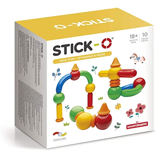 Stick-O magnetische Bausteine für Kinder ab 1 Jahre, kreatives Konstruktionsspielzeug, Lernspielzeug mit Magnet, 20 Modelle für Mädchen und Jungen, Montessori Spielzeug, 10 Teile Set,