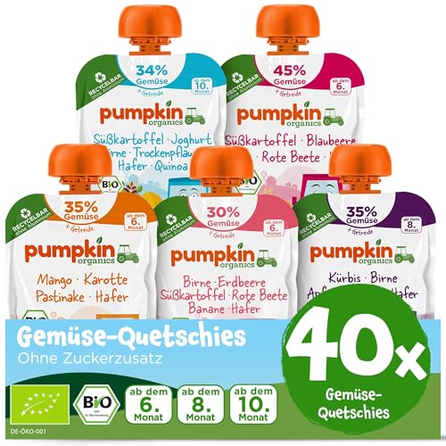 Querbeet Bio Gemüse-Quetschie Mix - Gemüsepüree, Fruchtmus und Getreide ohne Zuckerzusatz für Babys ab dem 10. Monat, recycelbarer Quetschbeutel, 5x8er-Pack (40x100g)