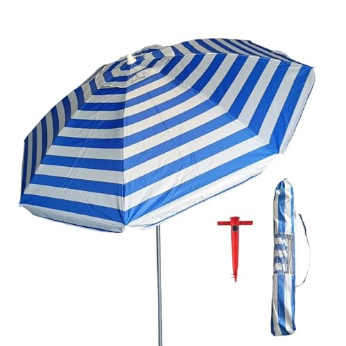 Pincho Sonnenschirm für Strand, 200 cm, Aluminium, UPF+50, blockiert 99% UV-Strahlen, 8 Fiberglasstangen, sehr leicht 1,5 kg, Fenster oben (blau-weiße Streifen)