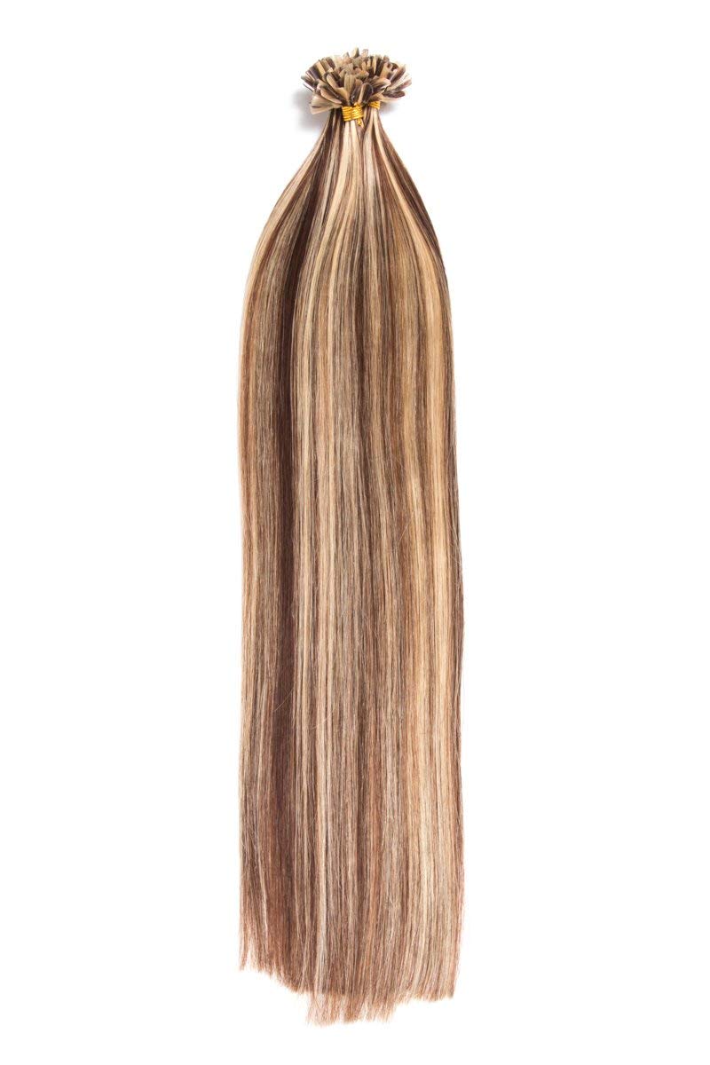Gesträhnte Bonding Extensions aus 100% Remy Echthaar - 25x 1g 50cm Glatte Strähnen U-Tip als Haarverlängerung und Haarverdichtung in der Farbe #4/24 Schokobraun/Honigblond