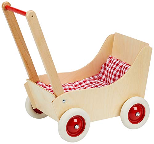 Holz-Wenzel 350010 - Puppenwagen Laura aus Holz, ca. 50 x 27 x 56 cm, mit 3-teiliger Garnitur, 4 Gummireifen