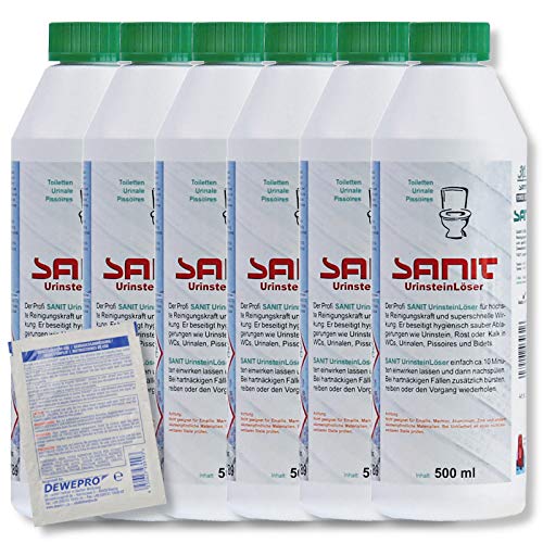 DEWEPRO-Set: SANIT - UrinsteinLöser 3031-6 Flaschen à 500ml - der Profi-Urinsteinlöser für höchste Reinigungskraft, inkl. 1 St. DEWEPRO® Single Scrubs