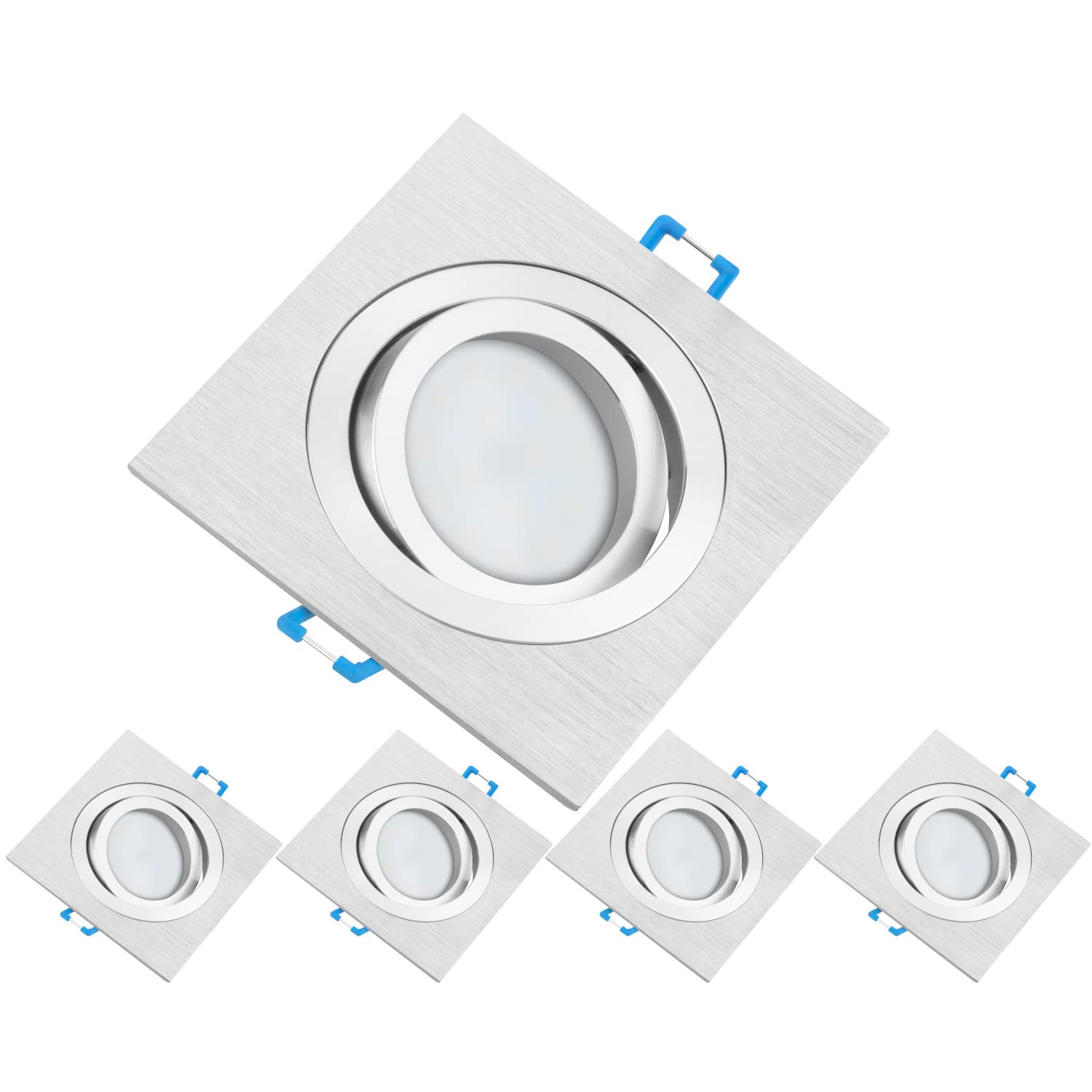 TEVEA Premium LED Einbaustrahler Schwenkbar -LED Modul 230V 5W austauschbar - Einbauleuchte auch fürs Bad - 5er Pack (Silber Eckig - Neutralweiß)