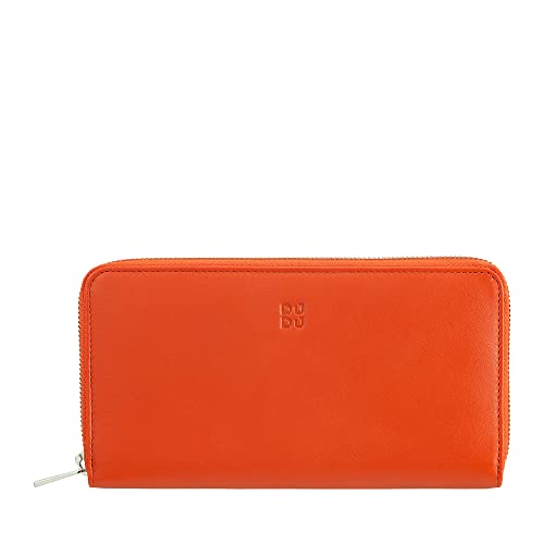 DUDU Große Bunte Damenbrieftasche RFID in echtem Leder mit Rundum - Reißverschluss Orange
