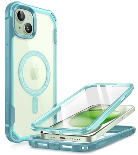 i-Blason Ares Mag Hülle für iPhone 15 Plus (6.7") 2023, Kompatibel mit MagSafe, Bumper Case Transparent Handyhülle Robust Schutzhülle Cover mit integriert Displayschutz, Seafoam