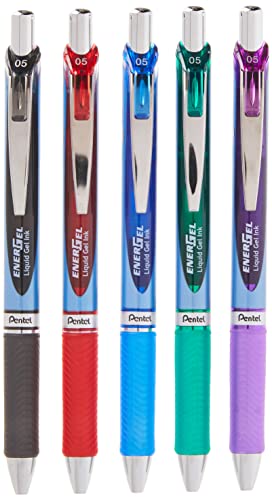 Pentel BLN75BP5M Gelschreiber, einziehbar, 0,5 mm, Metallspitze, verschiedene Tintenfarben, 5 Stück