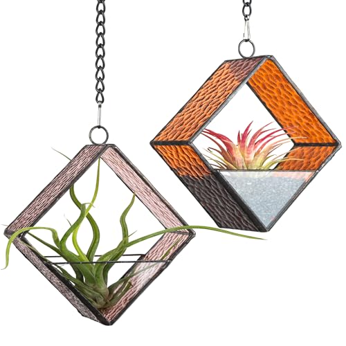Buntglas-Hängepflanzenterrarien, 2 Packungen, geometrische Fensterglas-Pflanzgefäße mit Kette für Fensterbank, Dekoration, kleine Sukkulenten, Glas-Terrarium, minimalistische Luftpflanzenhalter