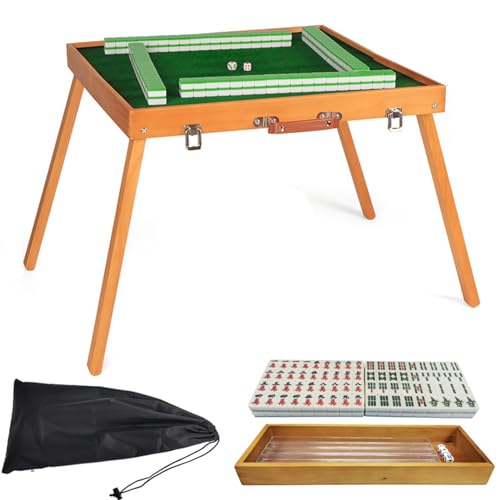 FXNFXLA Reise-Mahjong-Fliesen-Set, tragbarer Faltbarer Majong-Tisch mit 144 Majiang-Fliesen, Domino-Spieltisch-Set, für Camping im Innen- und Außenbereich